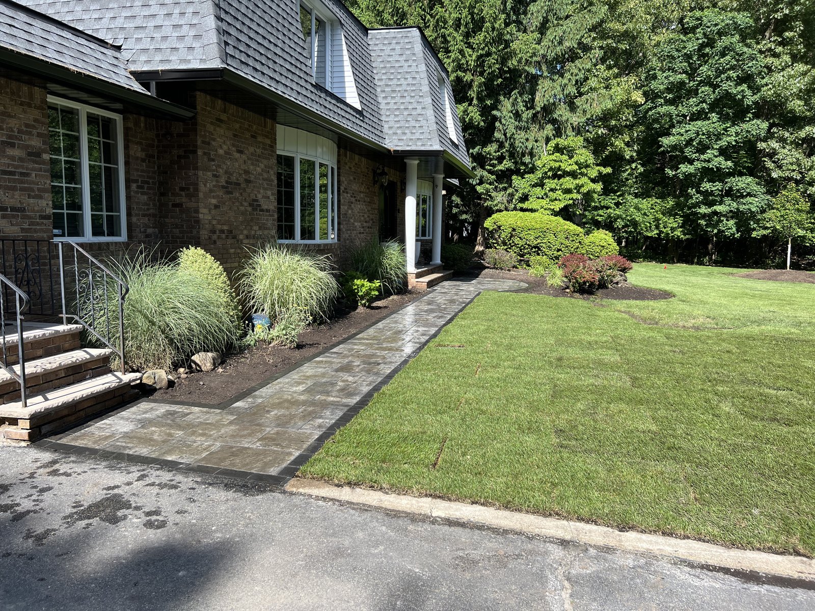 Paver walkway with mature ornamental grasses